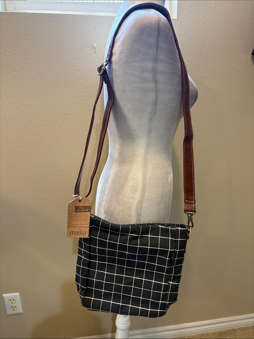 Maika Black Windowpane Crossbody with Brown Strap